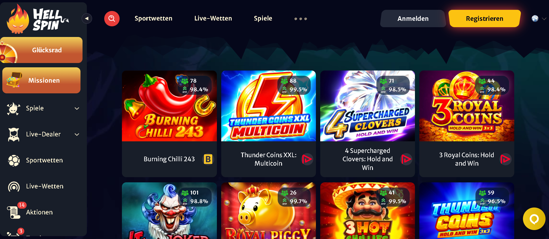 HellSpin Casino Lobby Vorschau
